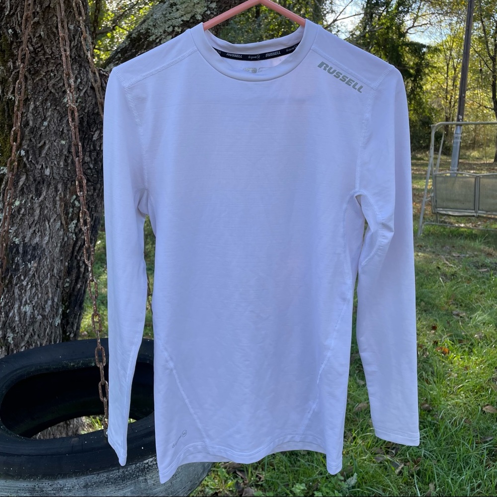 Adult S white dri-fit long sleeve Russell T-shirt